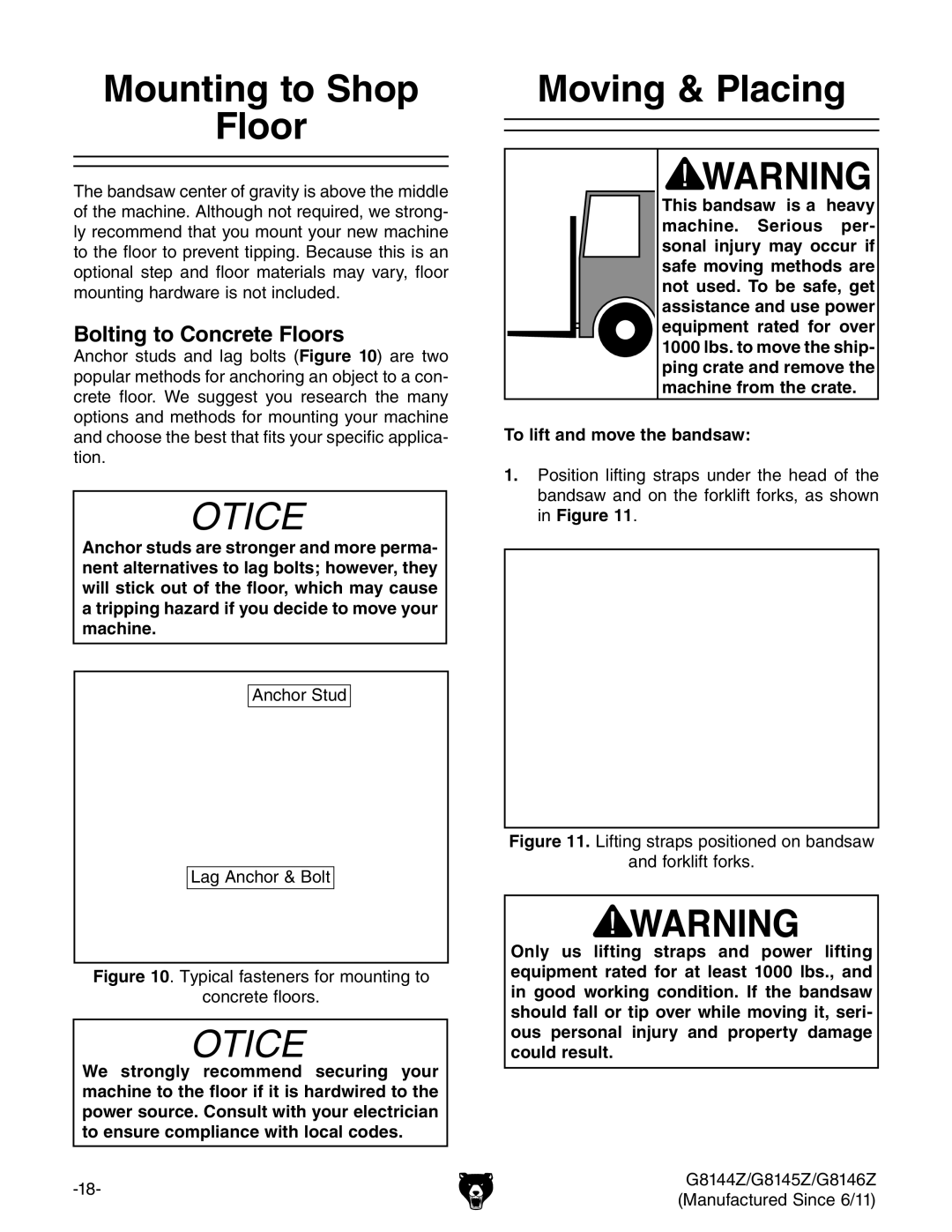 Grizzly G8144Z, G8145Z, G8146Z owner manual Mounting to Shop Floor, Moving & Placing, Bolting to Concrete Floors 