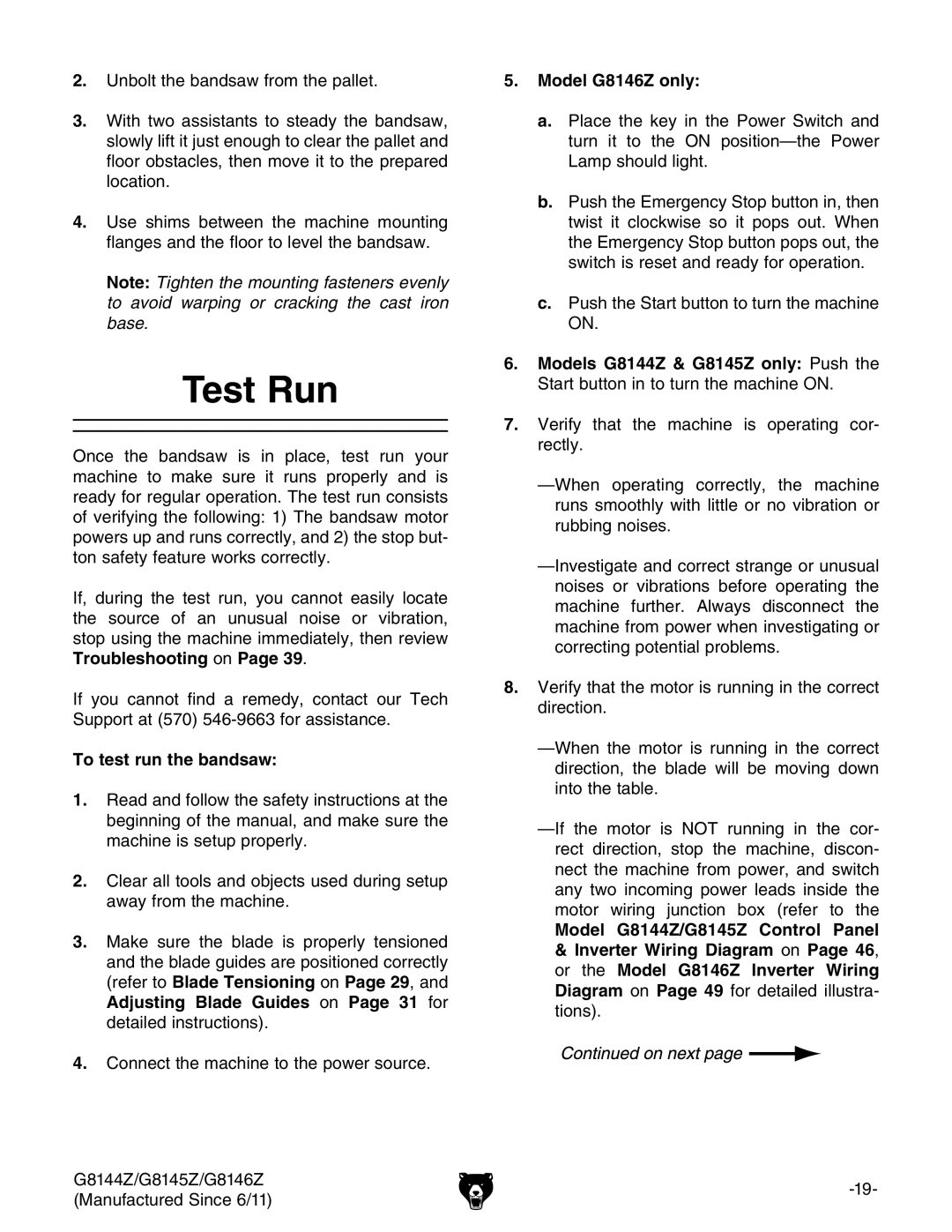 Grizzly owner manual Test Run, To test run the bandsaw, Model G8146Z only, Model G8144Z/G8145Z Control Panel 