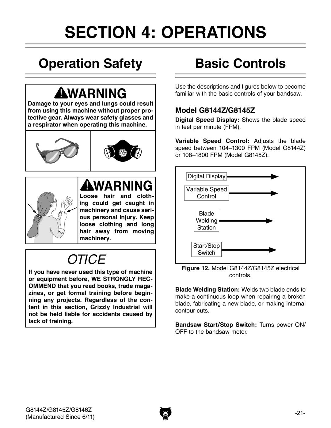 Grizzly G8146Z owner manual Operations, Operation Safety Basic Controls, Model G8144Z/G8145Z 