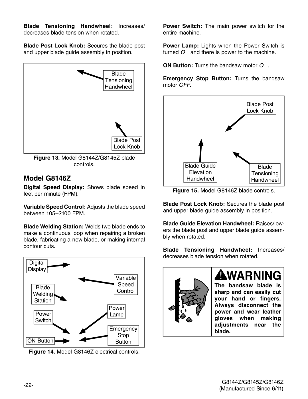 Grizzly owner manual Model G8146Z, Model G8144Z/G8145Z blade Controls 