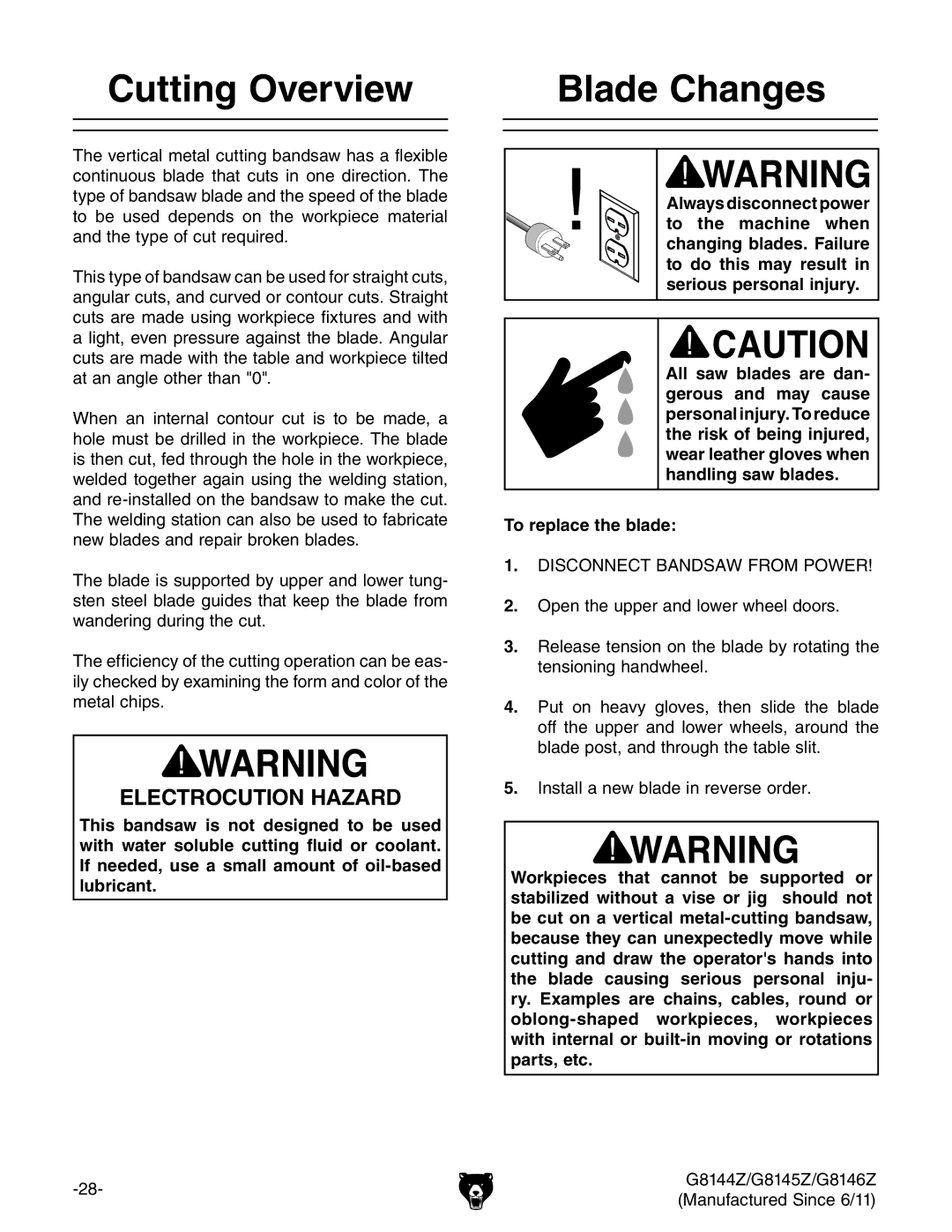 Grizzly G8145Z, G8146Z, G8144Z owner manual Cutting Overview Blade Changes, To replace the blade 