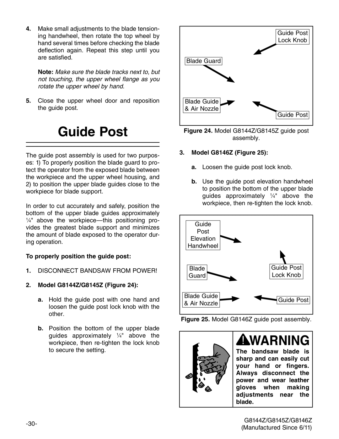 Grizzly owner manual Guide Post, To properly position the guide post, Model G8144Z/G8145Z Figure, Model G8146Z Figure 