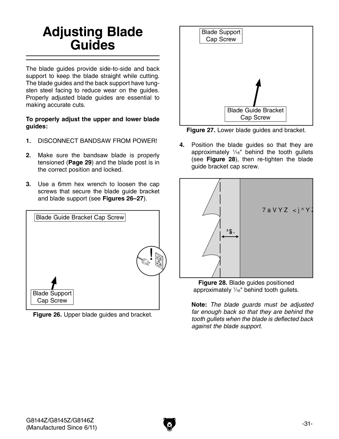Grizzly G8145Z, G8146Z, G8144Z owner manual Adjusting Blade Guides, To properly adjust the upper and lower blade guides 