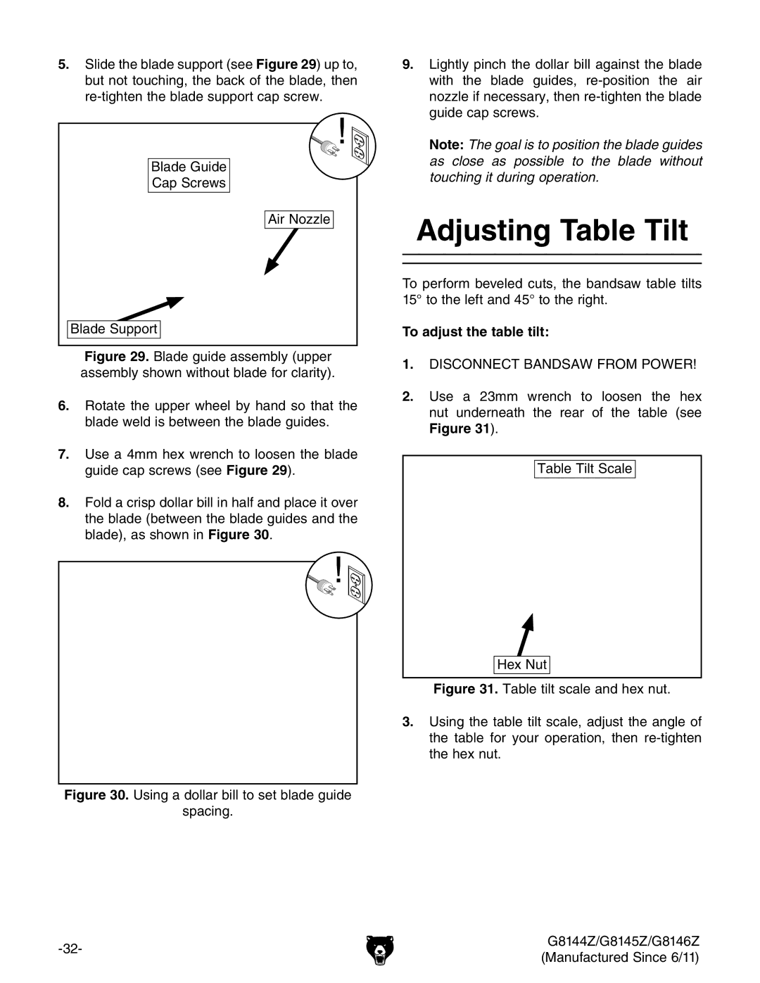 Grizzly G8146Z, G8145Z, G8144Z owner manual Adjusting Table Tilt, To adjust the table tilt 