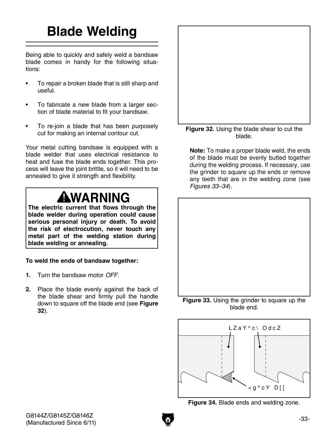 Grizzly G8144Z, G8145Z, G8146Z owner manual Blade Welding, Using the blade shear to cut Blade 