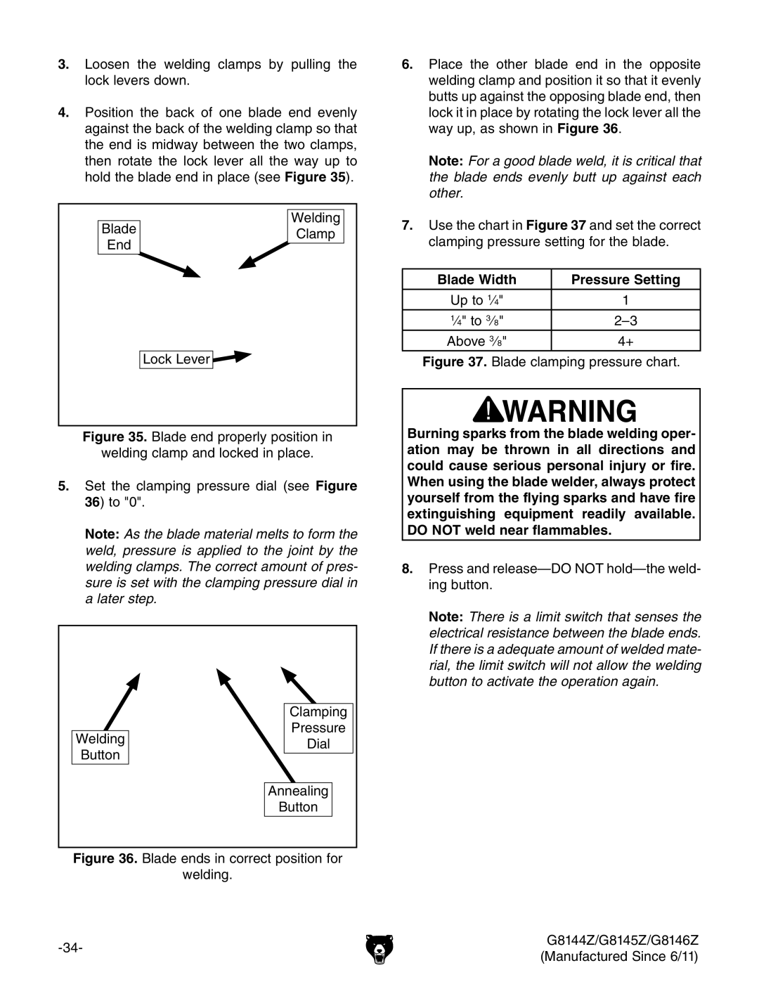 Grizzly G8145Z, G8146Z, G8144Z owner manual Blade Width Pressure Setting, Blade clamping pressure chart 