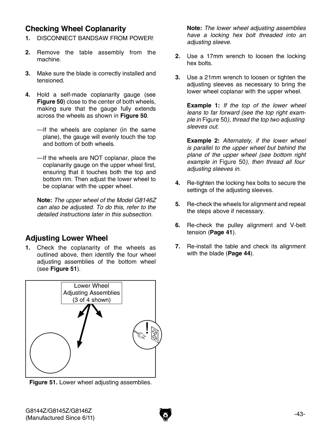 Grizzly G8145Z, G8146Z, G8144Z owner manual Checking Wheel Coplanarity, Adjusting Lower Wheel 