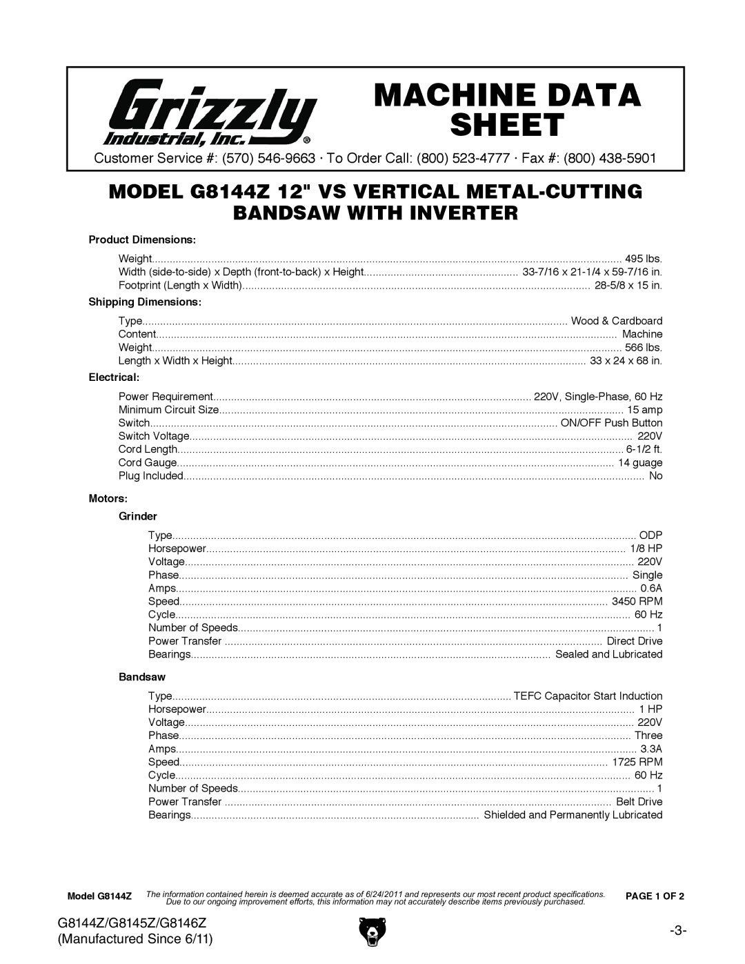 Grizzly G8144Z, G8145Z, G8146Z owner manual Machine Data Sheet 