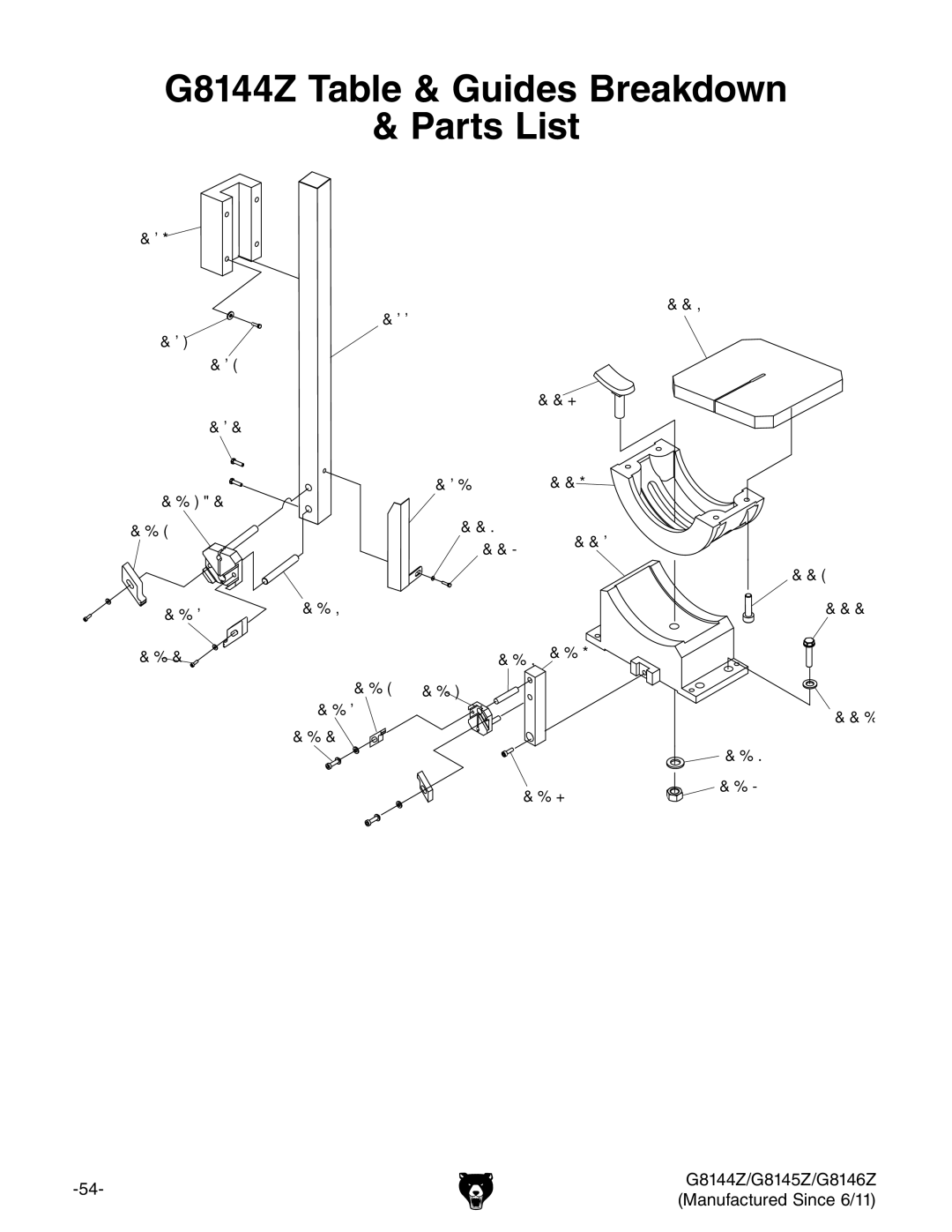 Grizzly G8145Z, G8146Z owner manual G8144Z Table & Guides Breakdown Parts List, 124 