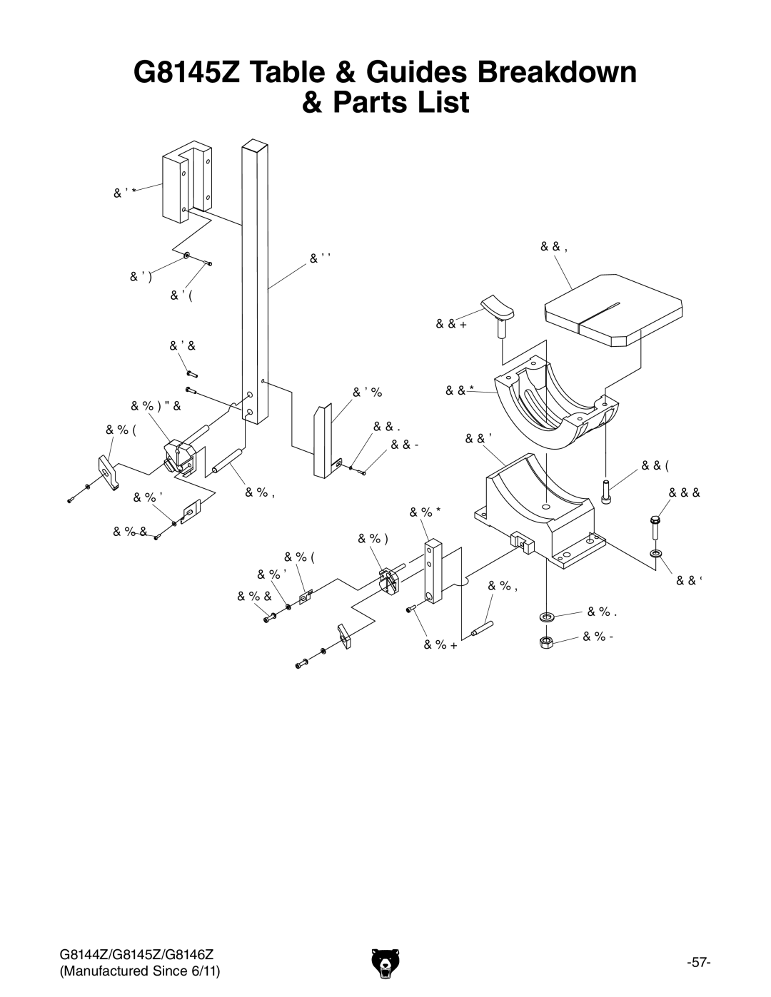 Grizzly G8144Z, G8146Z owner manual G8145Z Table & Guides Breakdown Parts List 