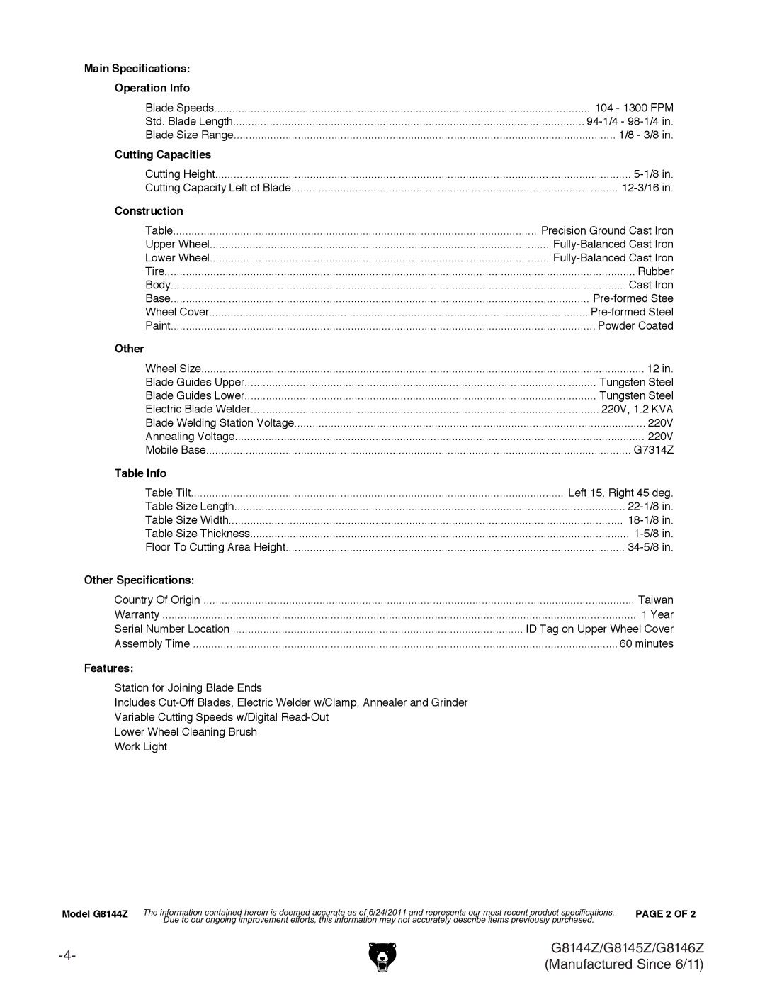 Grizzly G8145Z, G8146Z, G8144Z owner manual Main Specifications Operation Info 