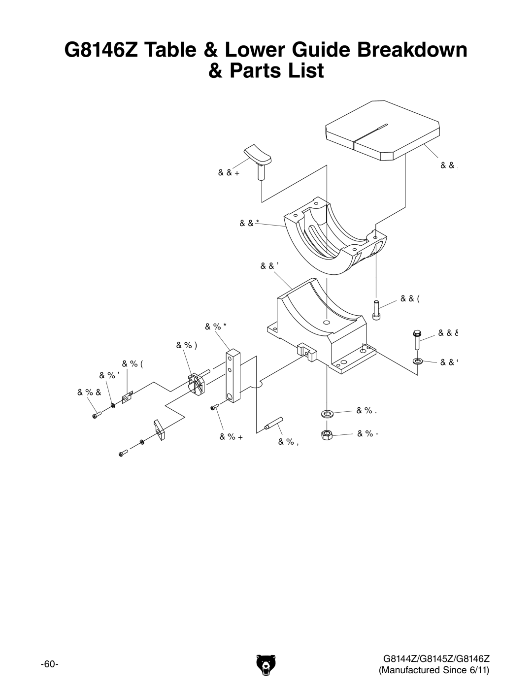 Grizzly G8144Z, G8145Z owner manual G8146Z Table & Lower Guide Breakdown Parts List 