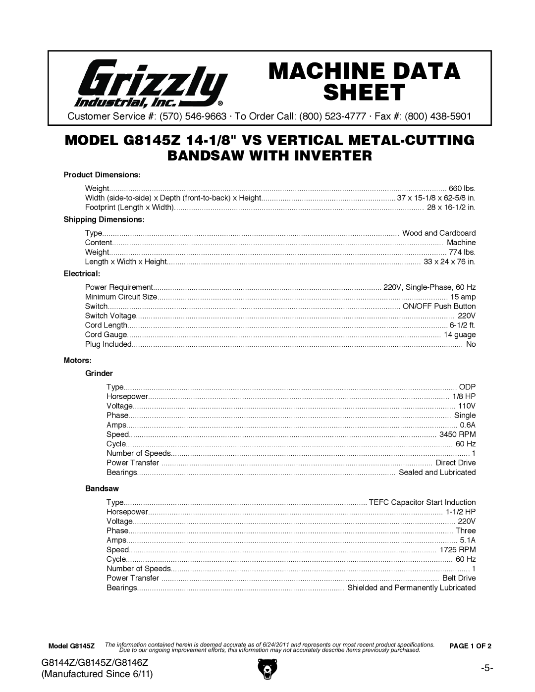 Grizzly G8146Z, G8144Z owner manual G8145Z Machine Data Sheet 