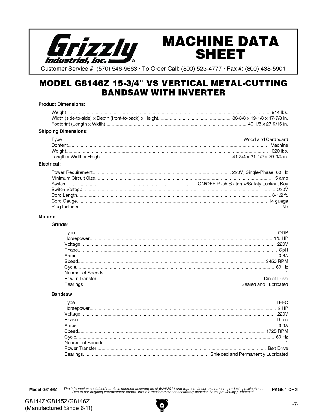 Grizzly G8145Z, G8144Z owner manual G8146Z Machine Data Sheet 