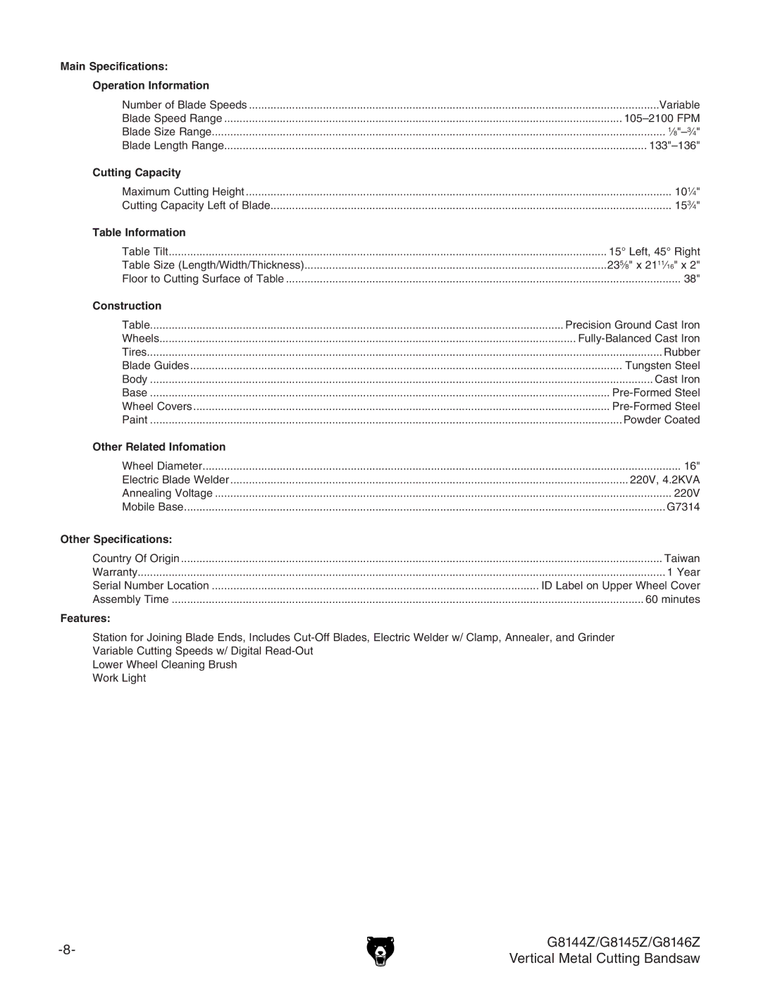 Grizzly owner manual G8144Z/G8145Z/G8146Z 