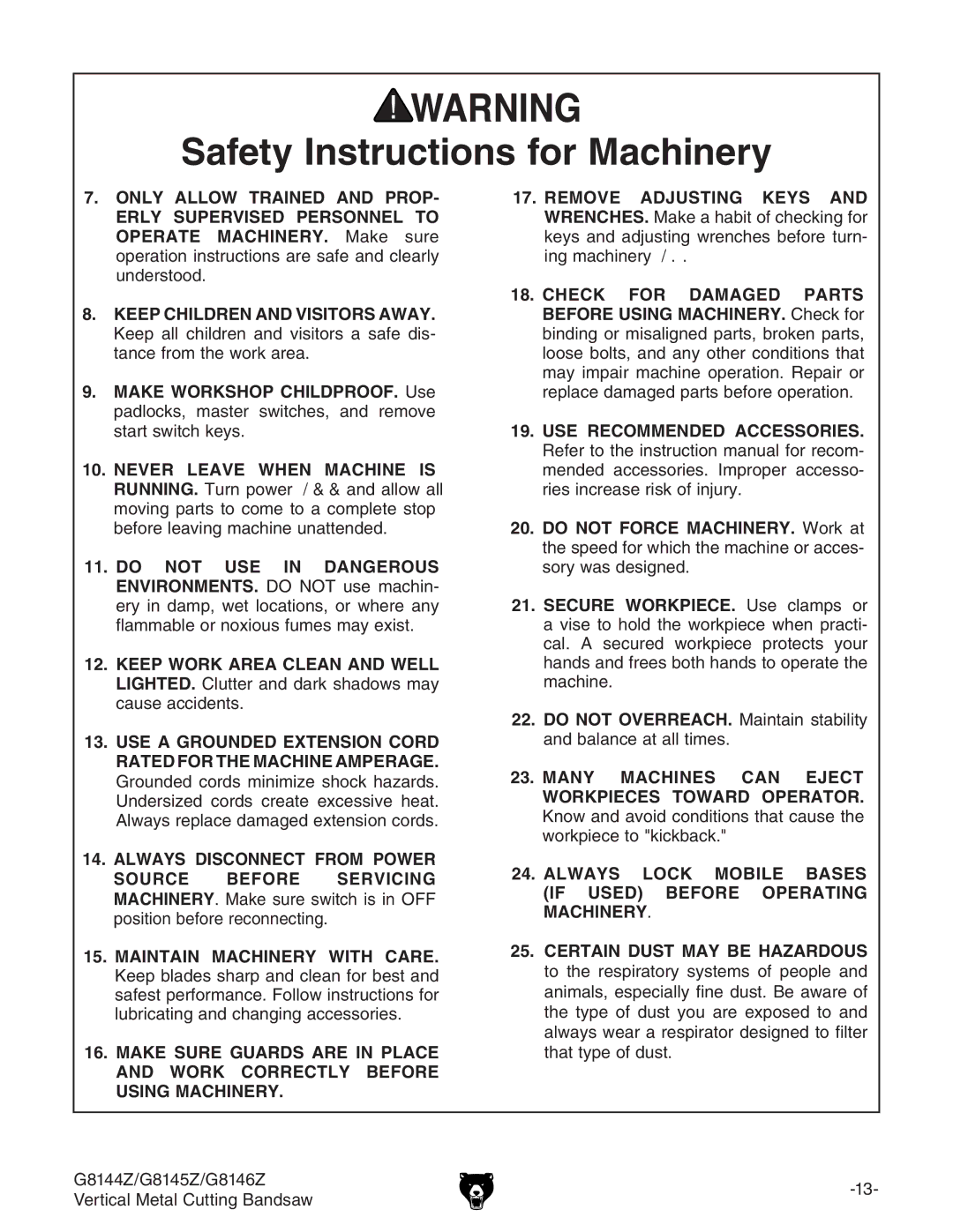 Grizzly owner manual G8144Z/G8145Z/G8146Z Vertical Metal Cutting Bandsaw 