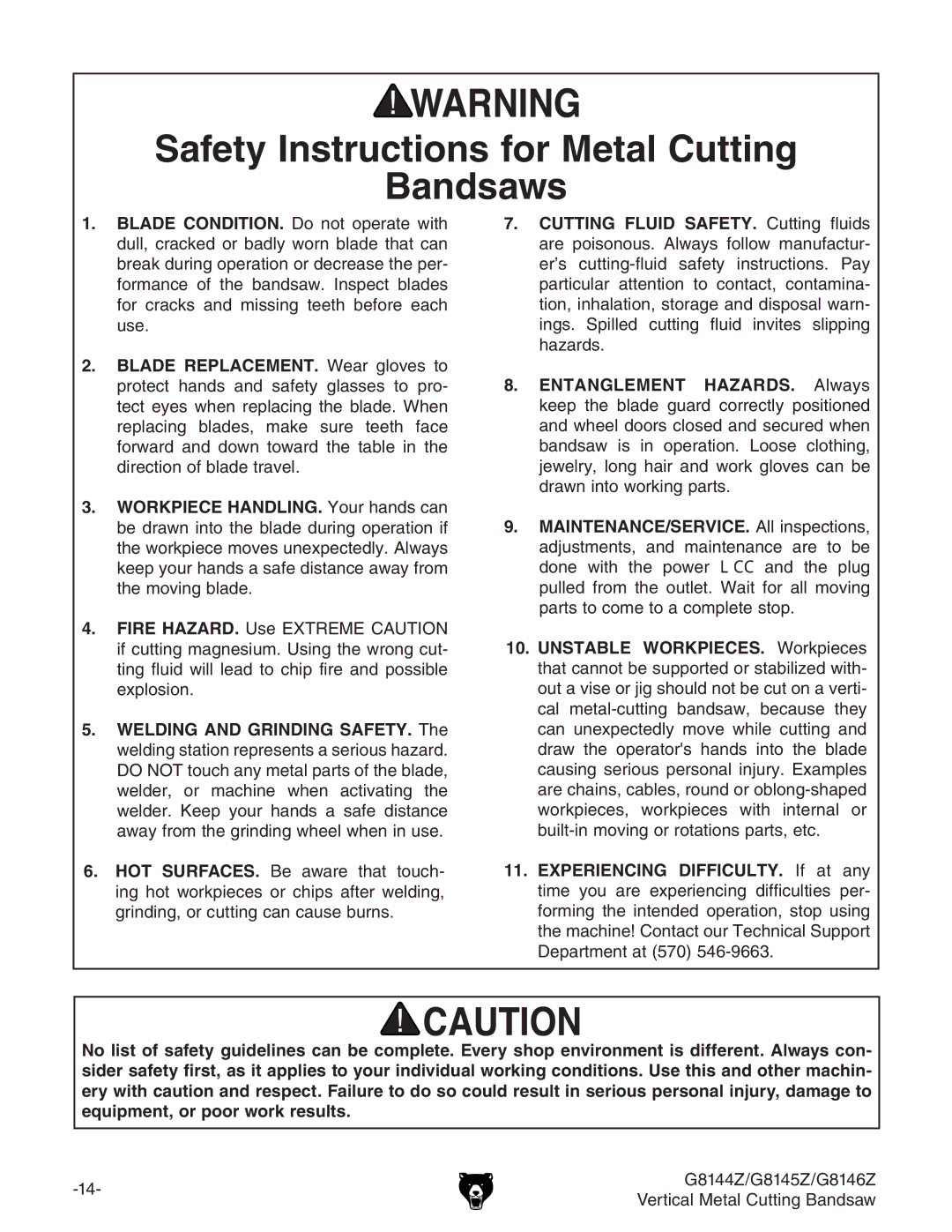 Grizzly G8146Z, G8145Z, G8144Z owner manual Safety Instructions for Metal Cutting Bandsaws 