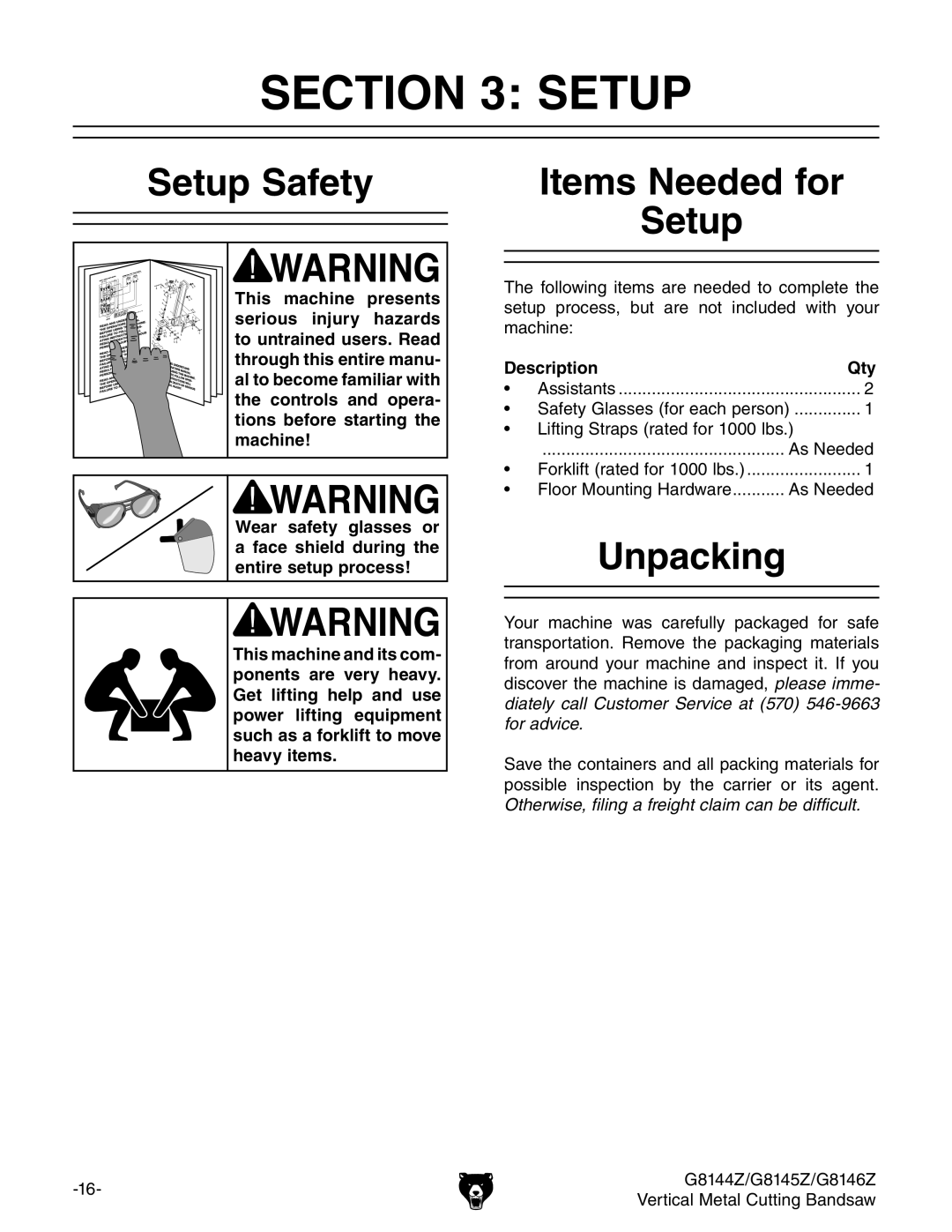 Grizzly G8145Z, G8146Z, G8144Z owner manual Setup Safety, Items Needed for Setup, Unpacking, Description Qty 