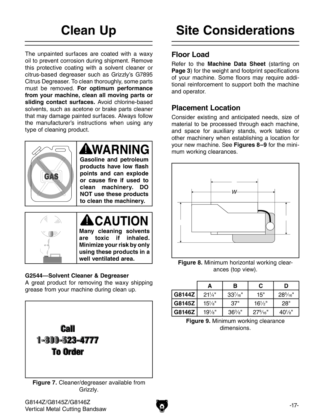 Grizzly G8146Z, G8145Z, G8144Z owner manual Clean Up, Site Considerations, Floor Load, Placement Location 