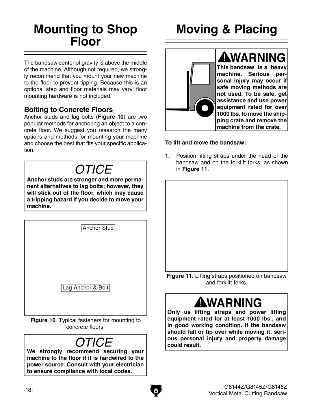 Grizzly G8144Z, G8145Z, G8146Z owner manual Mounting to Shop Floor, Moving & Placing, Bolting to Concrete Floors 