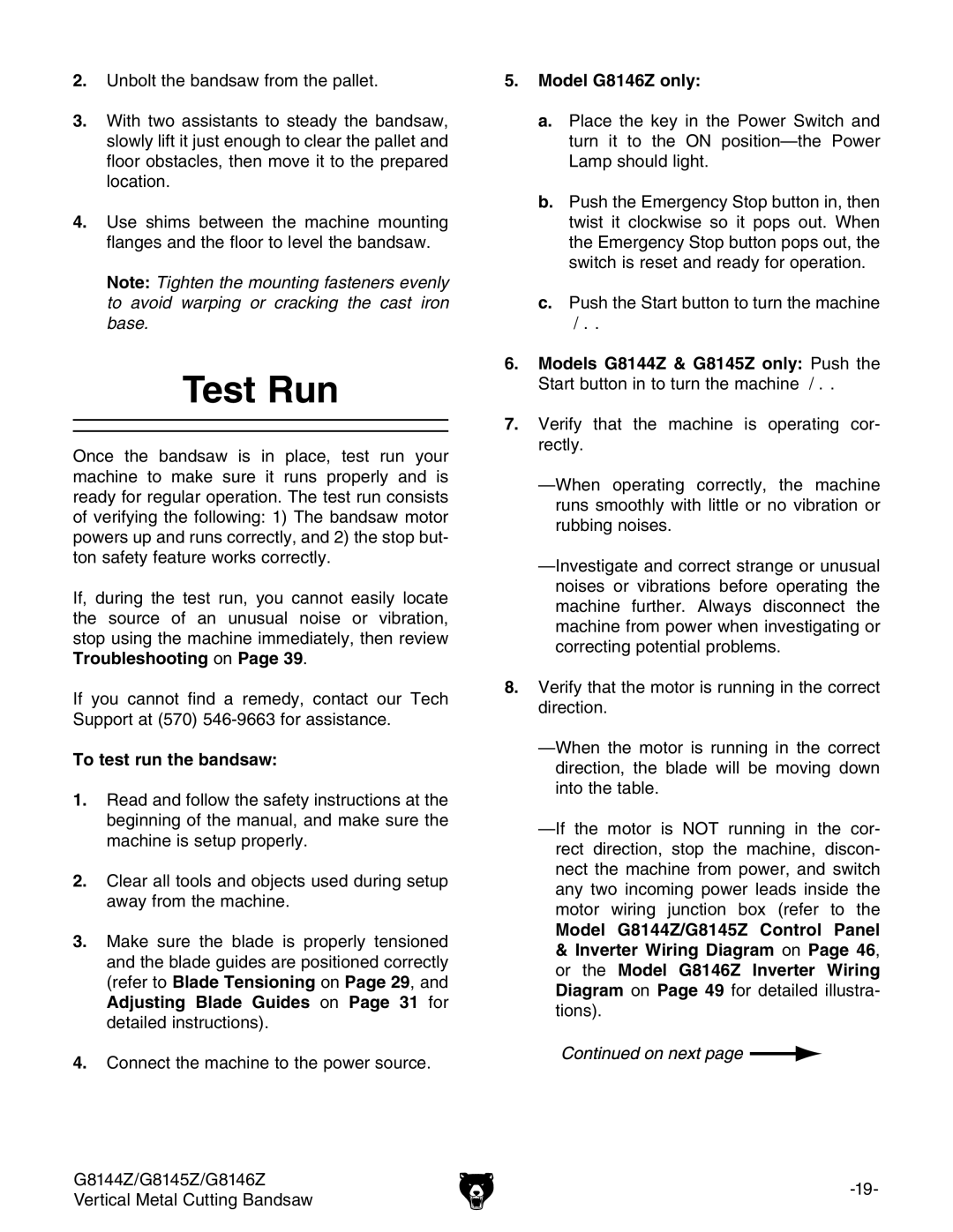 Grizzly owner manual Test Run, To test run the bandsaw, Model G8146Z only, Model G8144Z/G8145Z Control Panel 