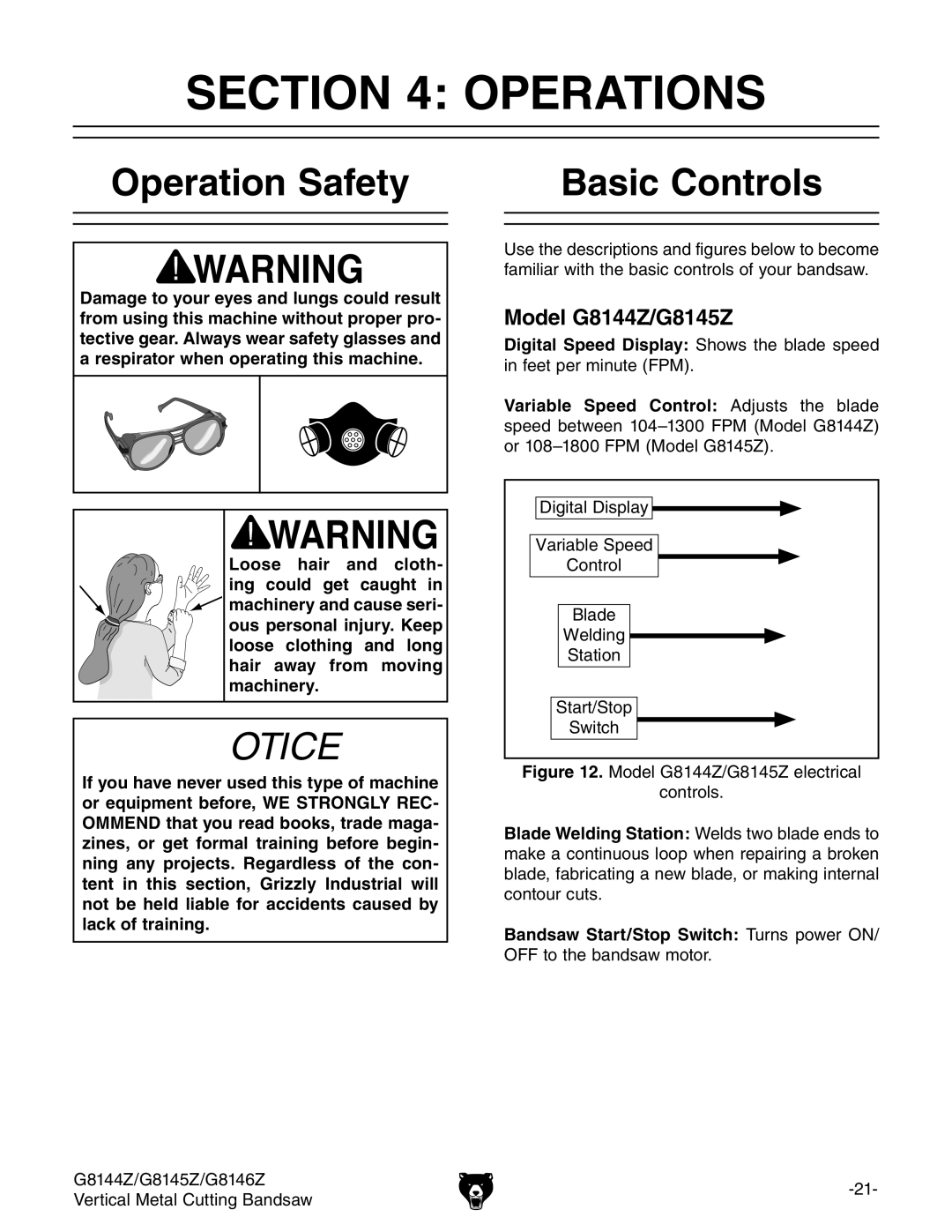 Grizzly G8146Z owner manual Operations, Operation Safety Basic Controls, Model G8144Z/G8145Z 