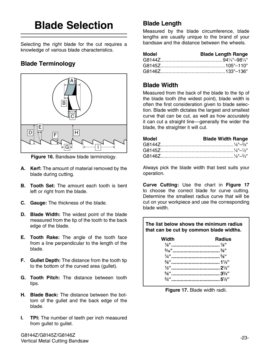 Grizzly G8146Z, G8145Z, G8144Z owner manual Blade Selection, Blade Terminology, Blade Length, Blade Width 