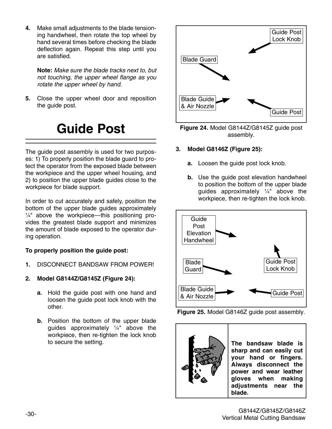 Grizzly owner manual Guide Post, To properly position the guide post, Model G8144Z/G8145Z Figure, Model G8146Z Figure 