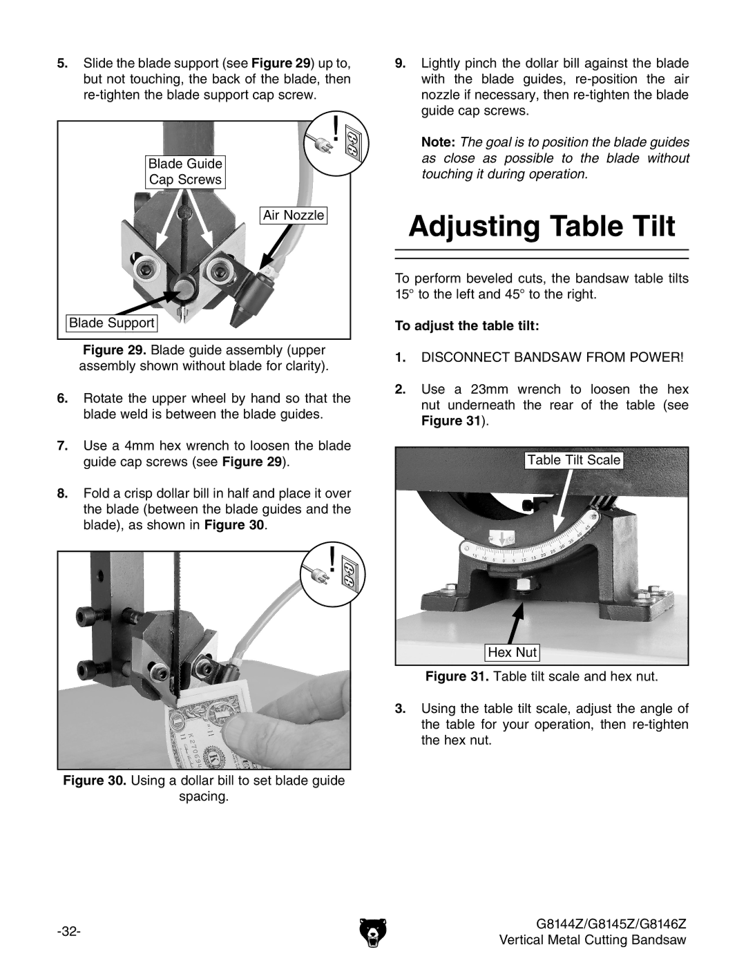 Grizzly G8146Z, G8145Z, G8144Z owner manual Adjusting Table Tilt, To adjust the table tilt 