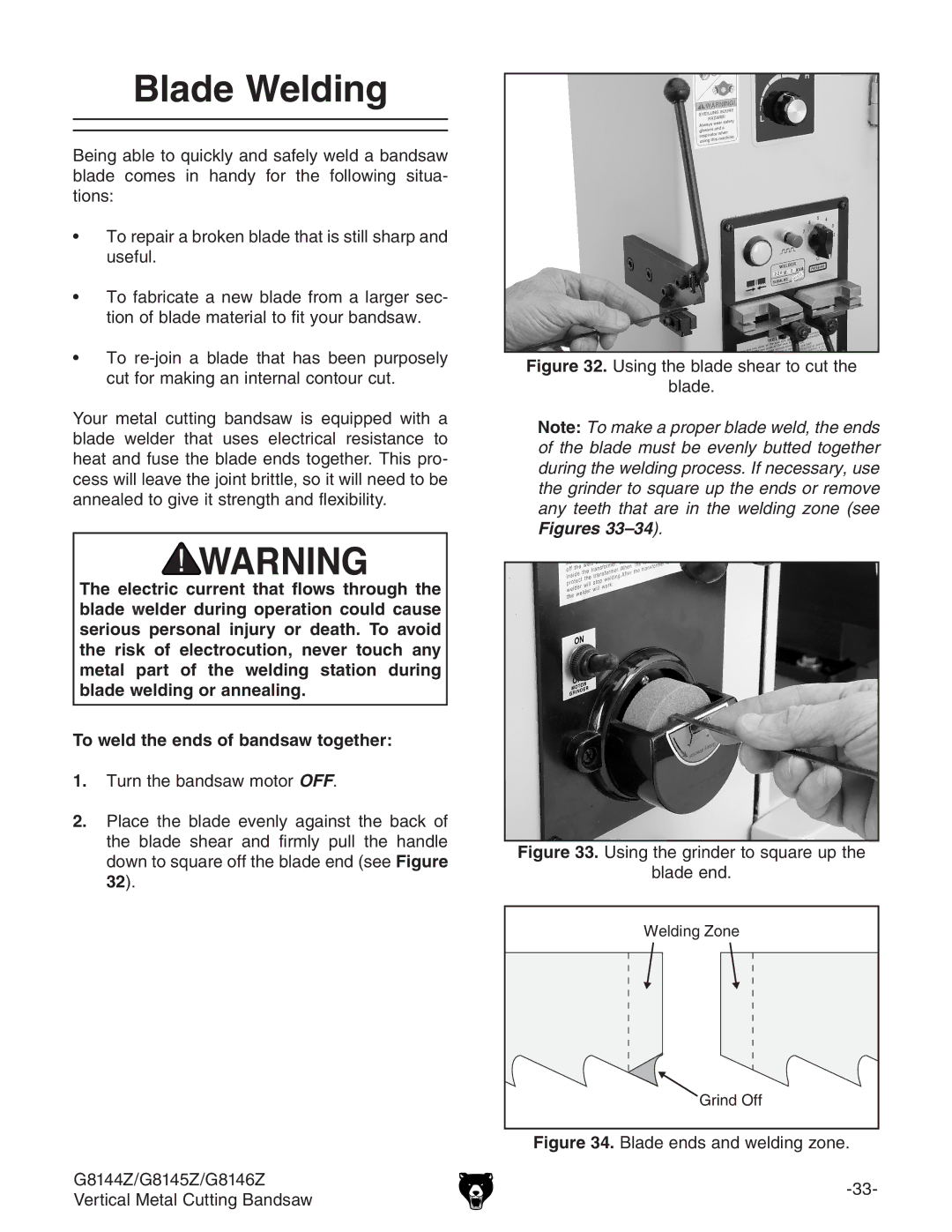 Grizzly G8144Z, G8145Z, G8146Z owner manual Blade Welding, Using the blade shear to cut Blade 