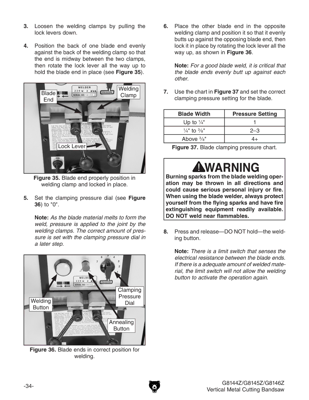 Grizzly G8145Z, G8146Z, G8144Z owner manual Blade Width Pressure Setting, Blade clamping pressure chart 