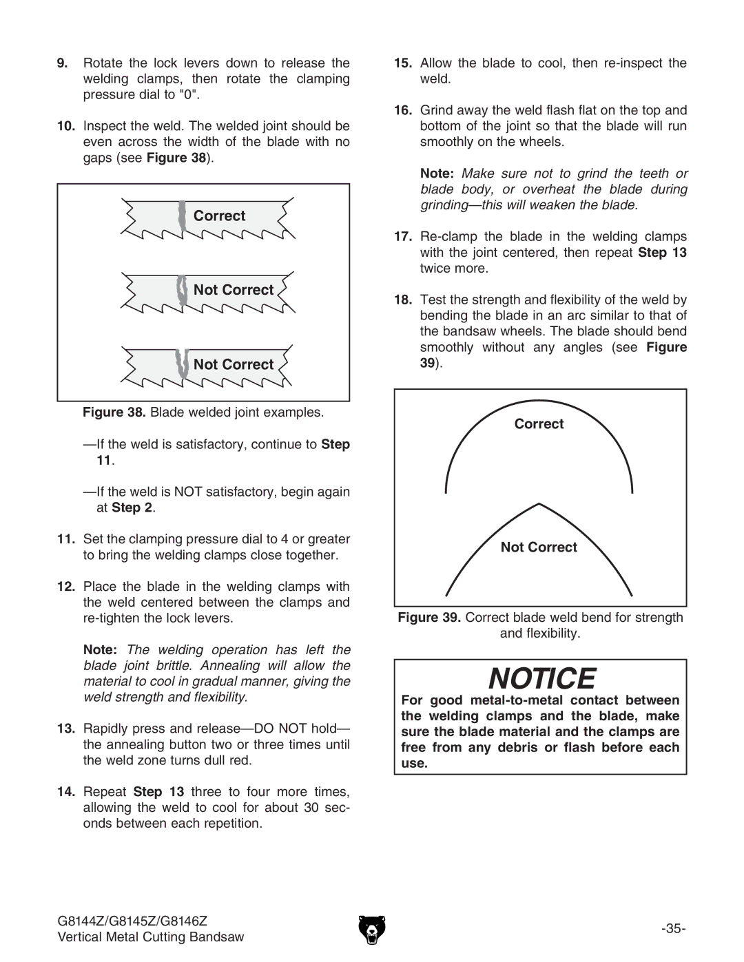 Grizzly G8146Z, G8145Z, G8144Z owner manual Correct blade weld bend for strength Flexibility 