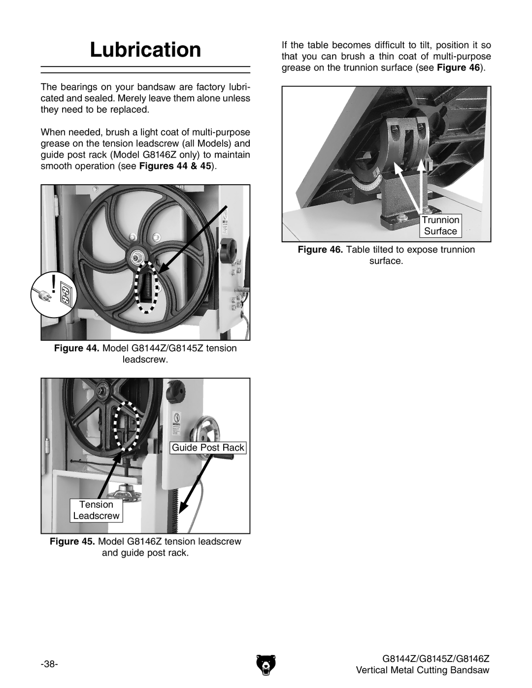 Grizzly G8146Z, G8145Z, G8144Z owner manual Lubrication 