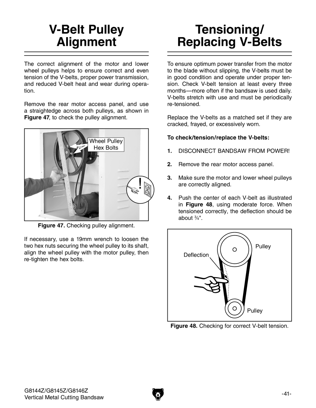 Grizzly G8146Z, G8145Z, G8144Z Belt Pulley Tensioning Alignment Replacing V-Belts, To check/tension/replace the V-belts 