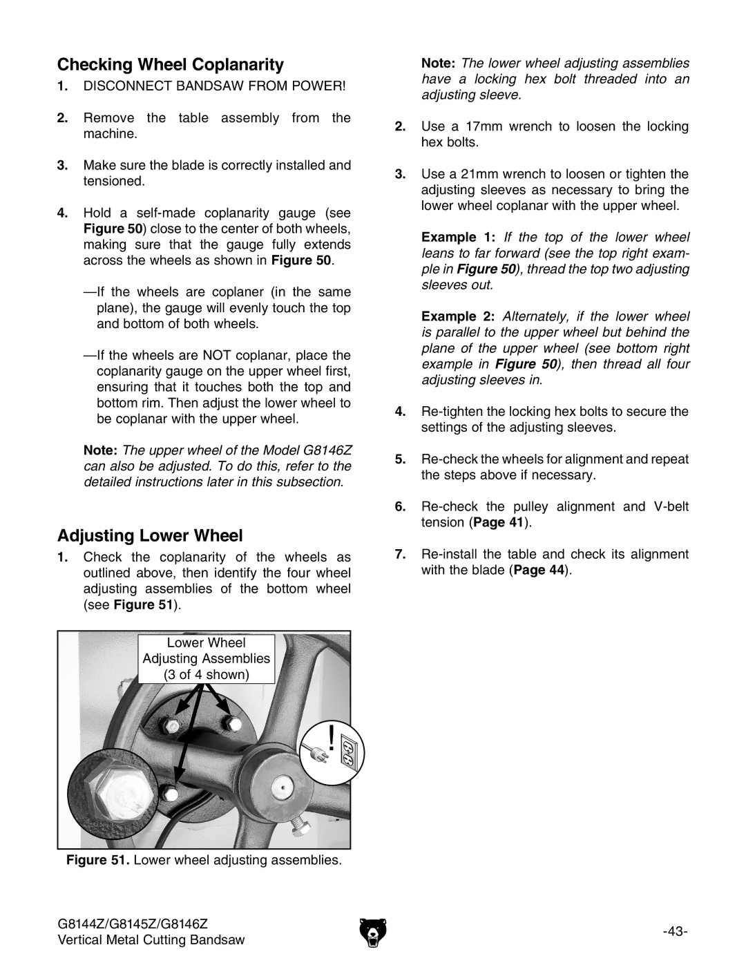 Grizzly G8145Z, G8146Z, G8144Z owner manual Checking Wheel Coplanarity, Adjusting Lower Wheel 