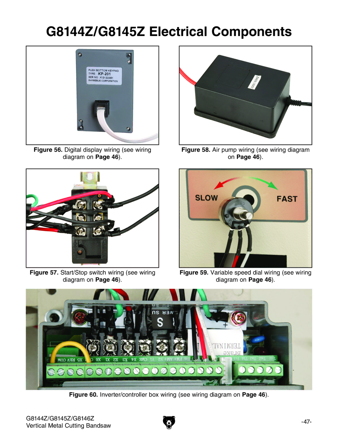 Grizzly G8146Z owner manual G8144Z/G8145Z Electrical Components, Digital display wiring see wiring Diagram on 