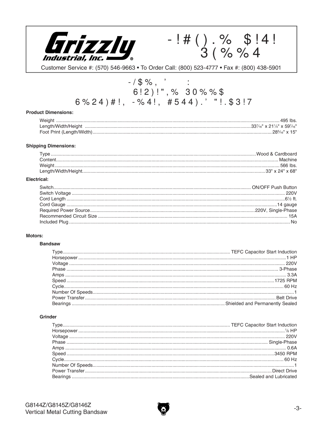 Grizzly G8145Z, G8146Z owner manual G8144Z Machine Data Sheet 