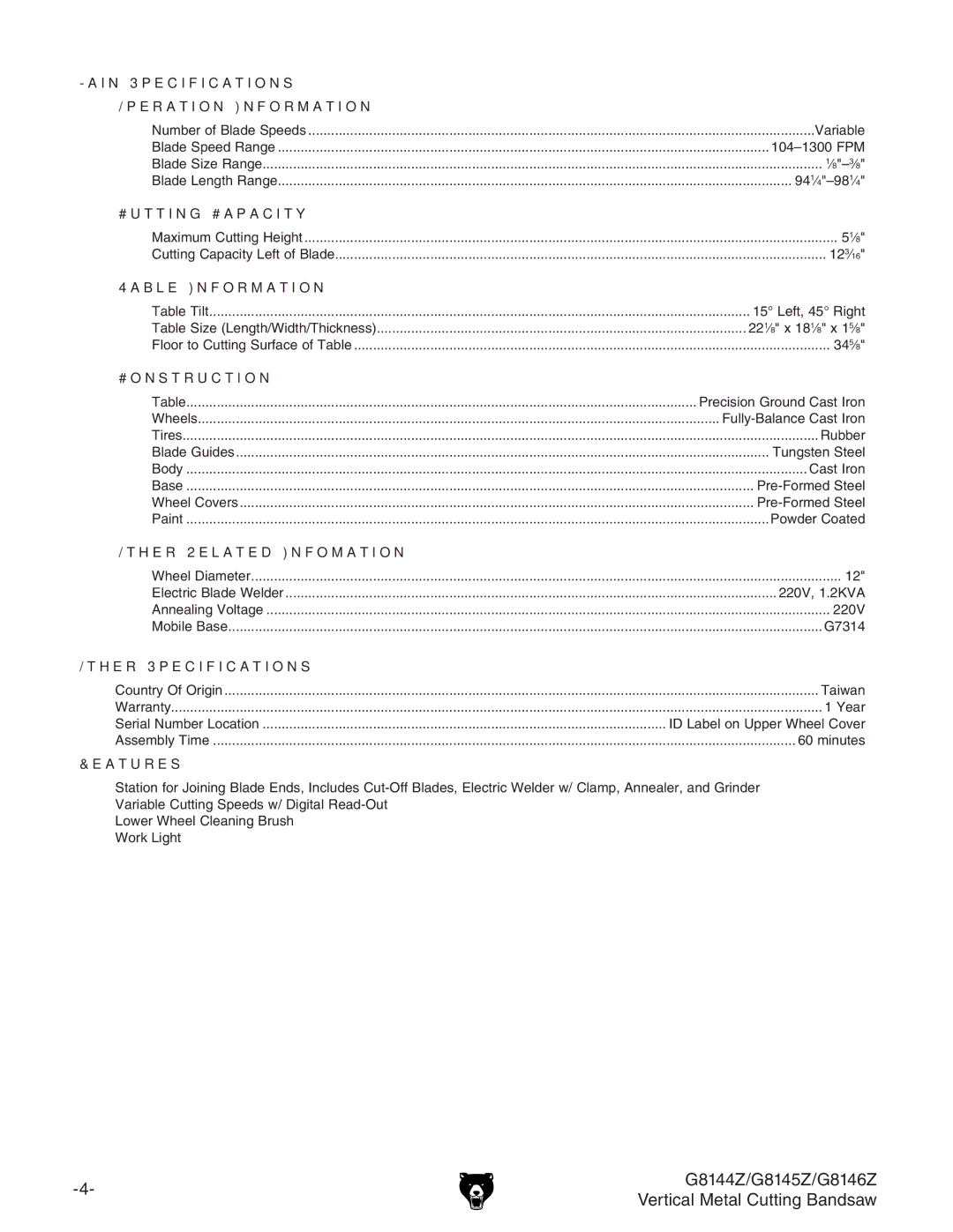 Grizzly owner manual G8144Z/G8145Z/G8146Z 