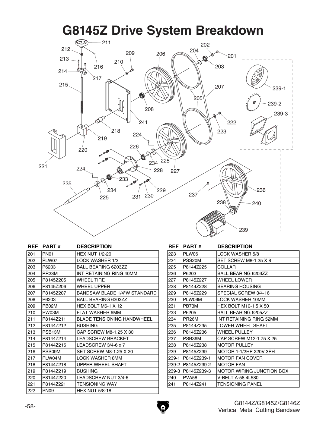 Grizzly G8146Z, G8144Z owner manual G8145Z Drive System Breakdown 