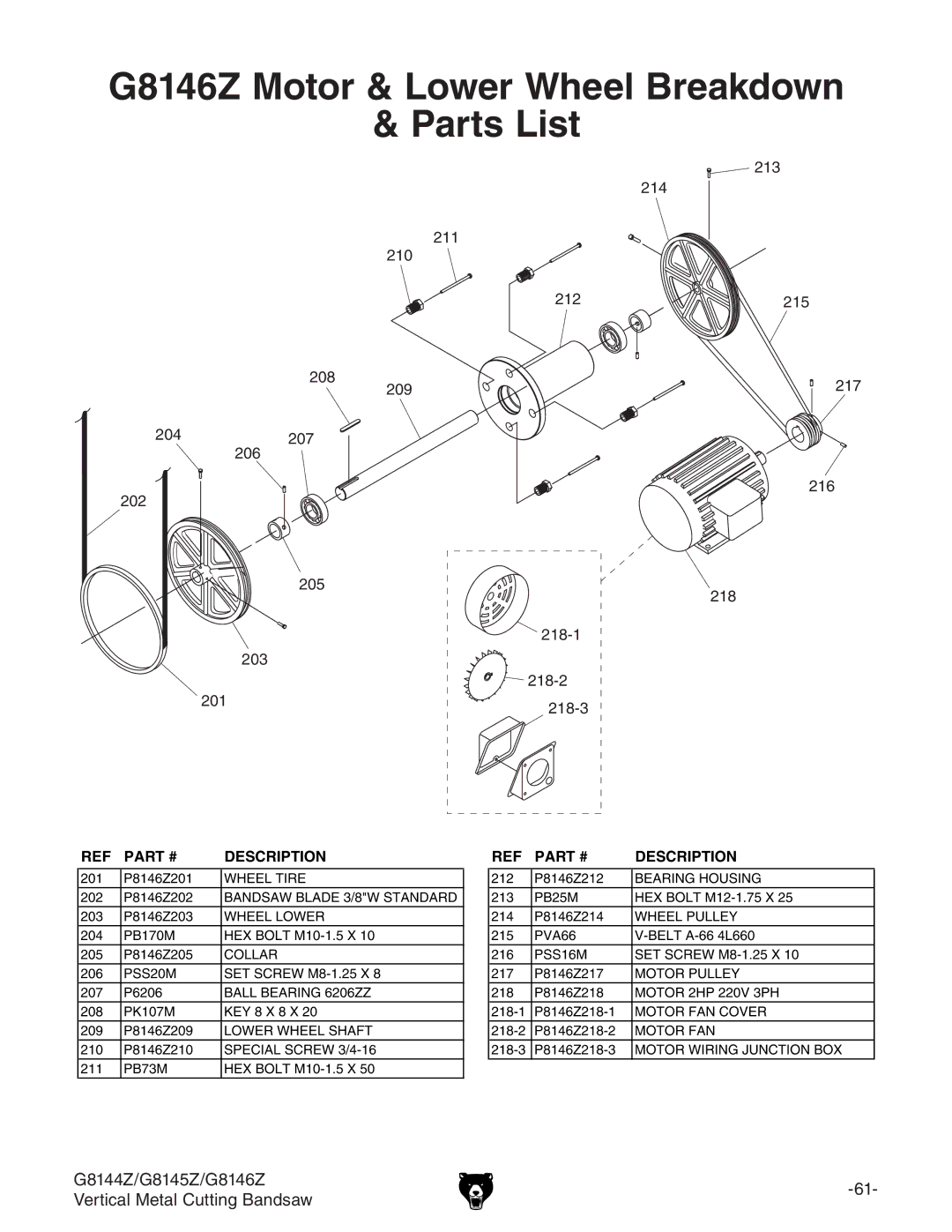 Grizzly G8145Z, G8144Z owner manual G8146Z Motor & Lower Wheel Breakdown Parts List 