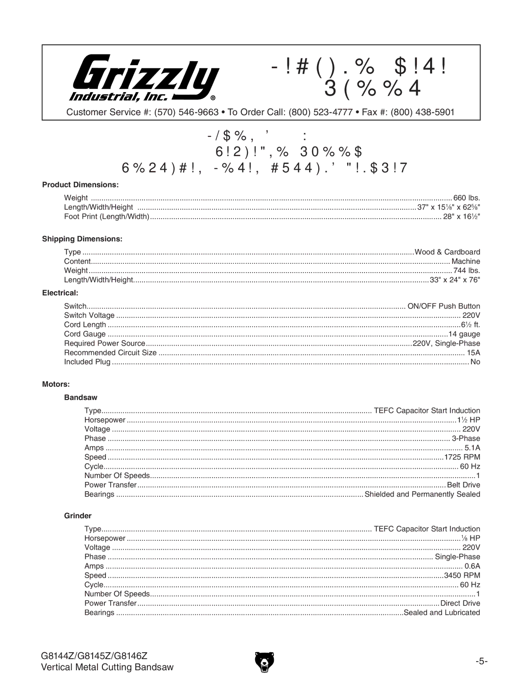 Grizzly G8146Z, G8144Z owner manual G8145Z Machine Data Sheet 