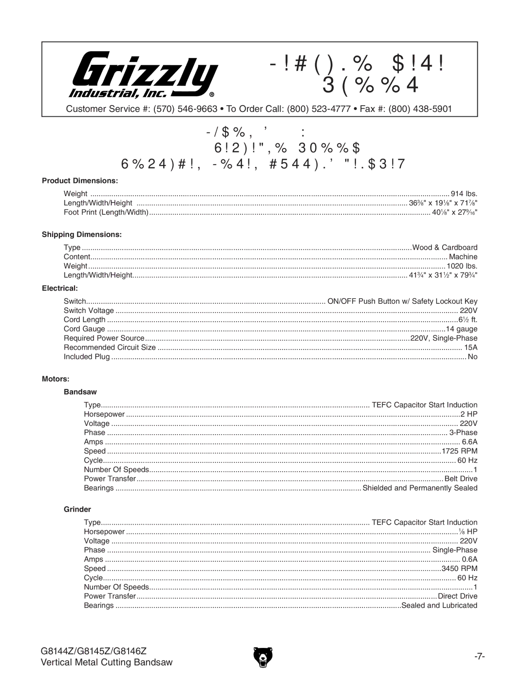 Grizzly G8145Z, G8144Z owner manual G8146Z Machine Data Sheet 