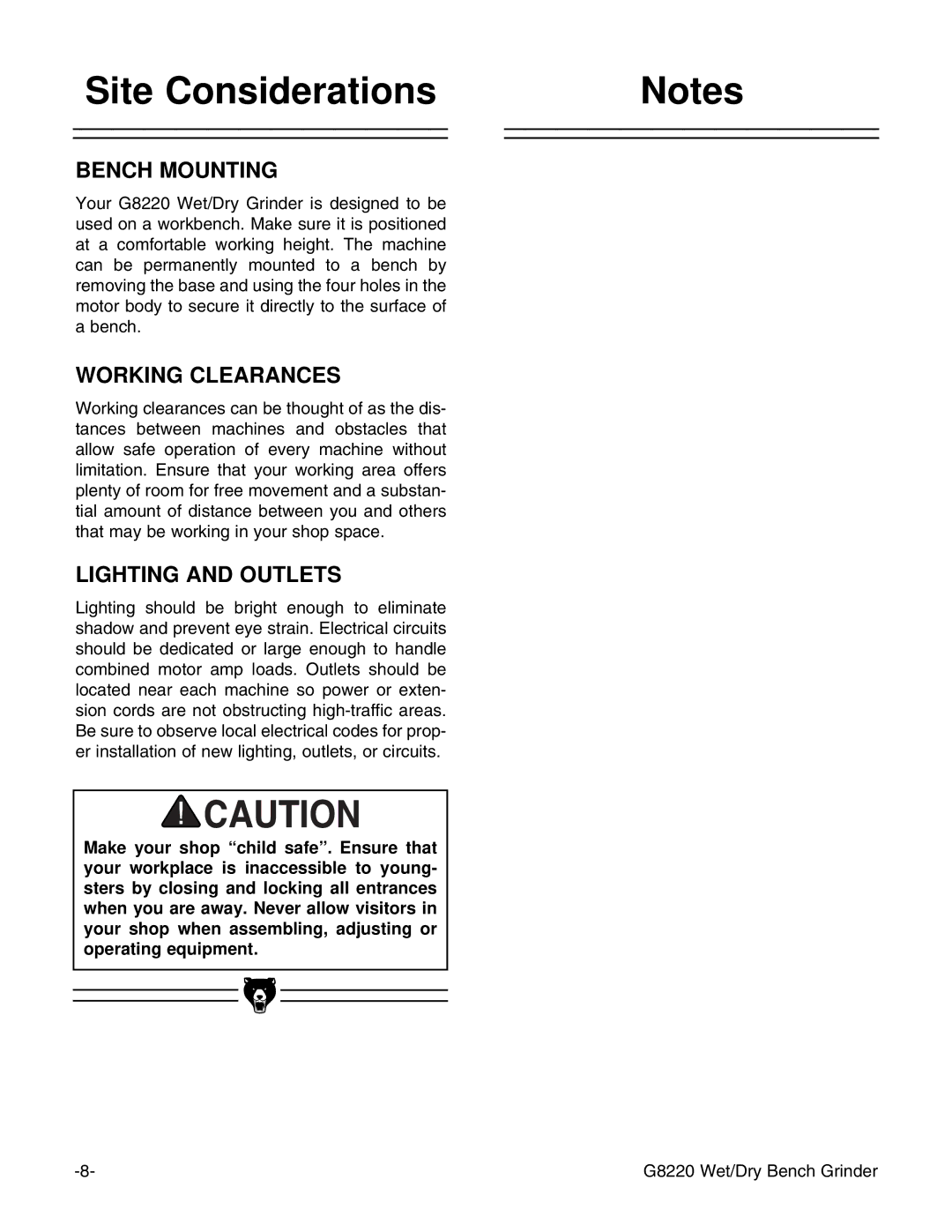 Grizzly G8220 instruction manual Site Considerations, Bench Mounting 