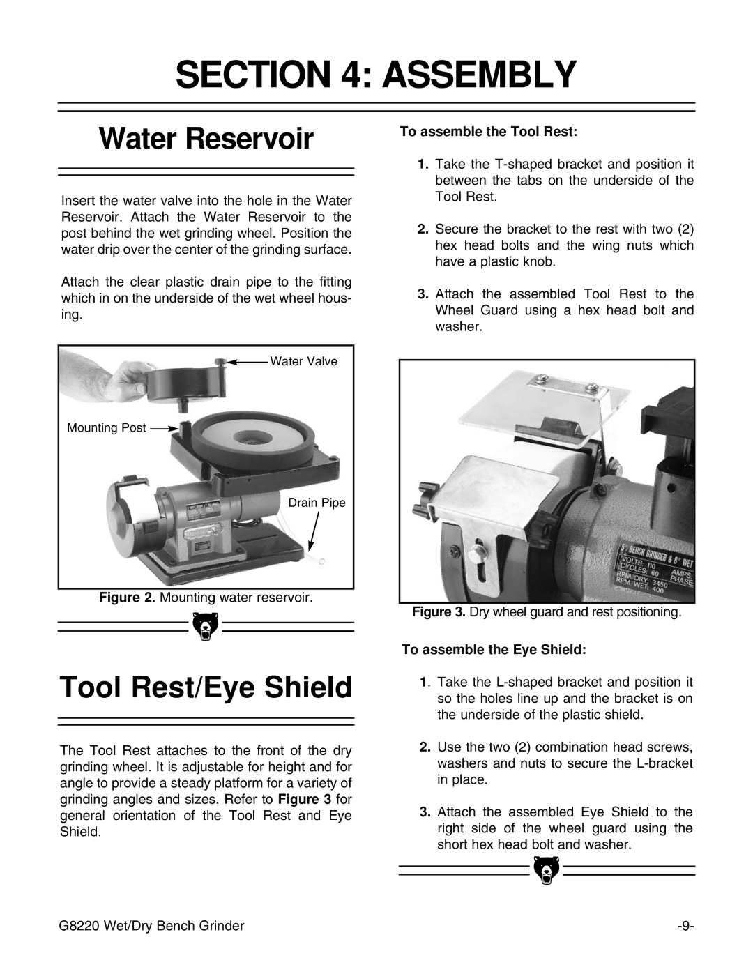 Grizzly G8220 instruction manual Assembly, Water Reservoir, Tool Rest/Eye Shield 