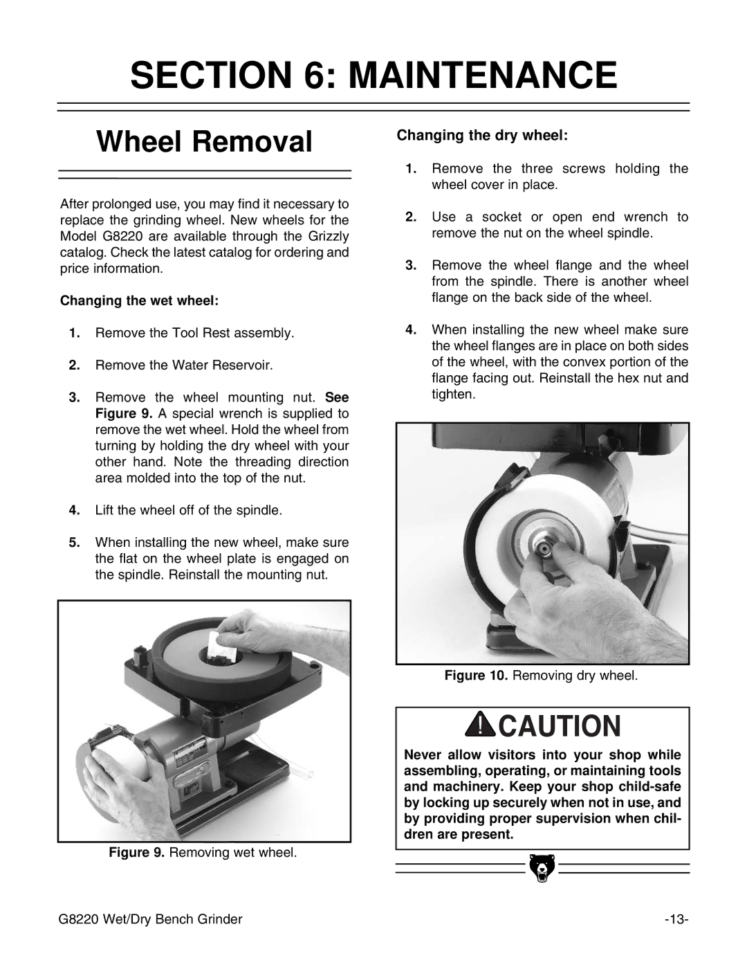 Grizzly G8220 instruction manual Maintenance, Wheel Removal 