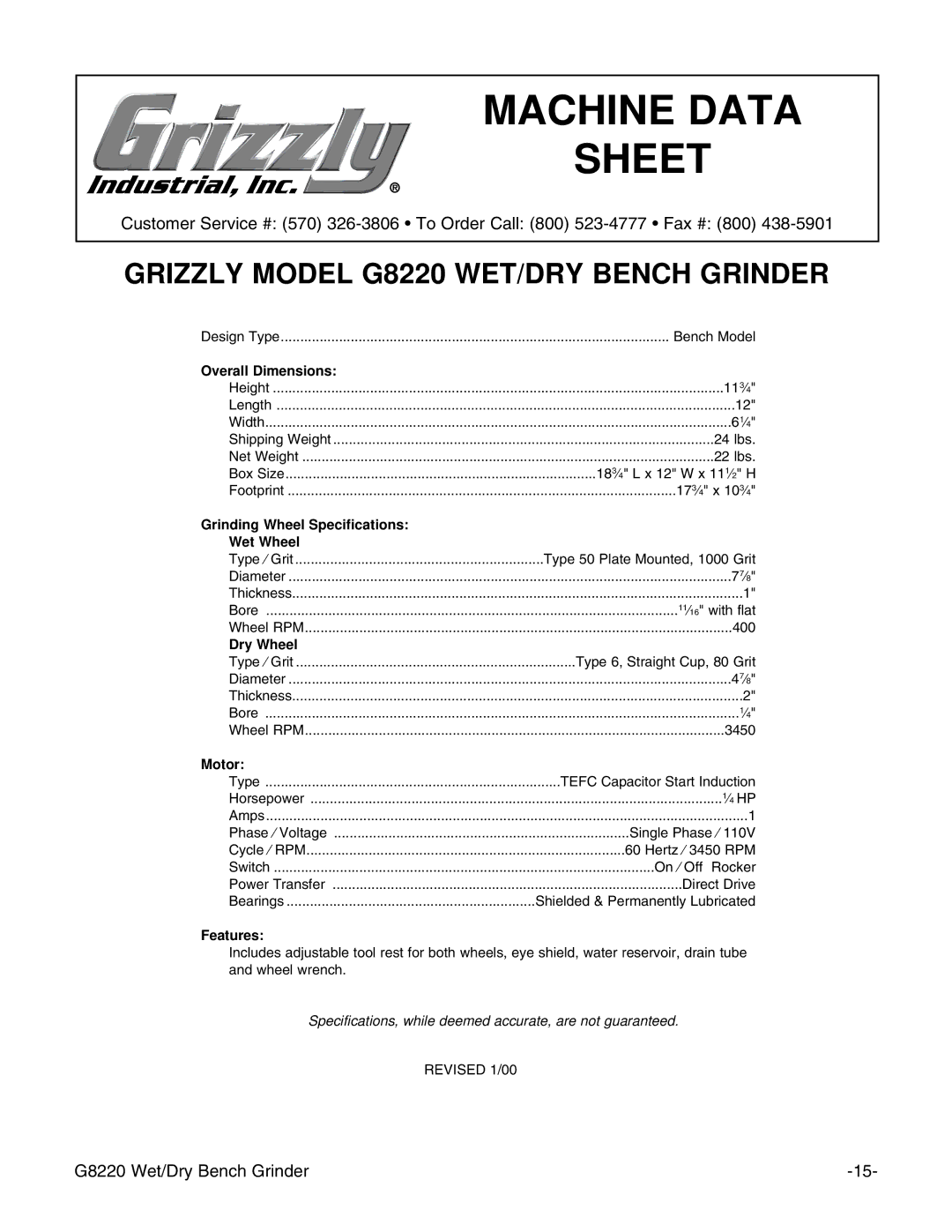 Grizzly G8220 instruction manual Machine Data 