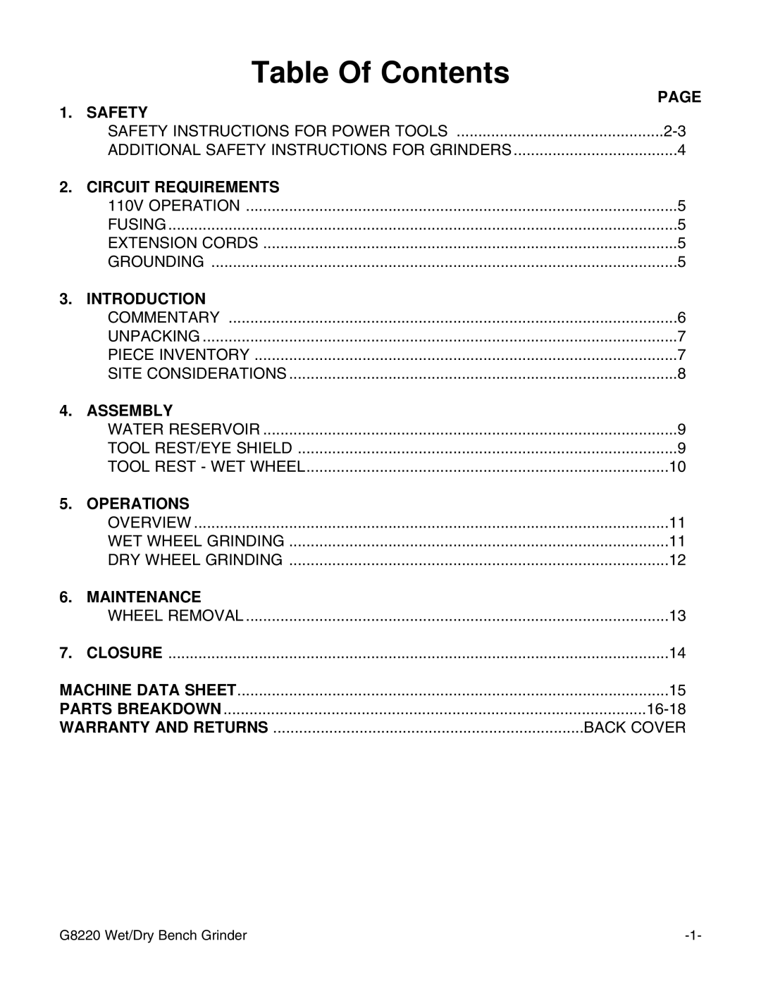 Grizzly G8220 instruction manual Table Of Contents 