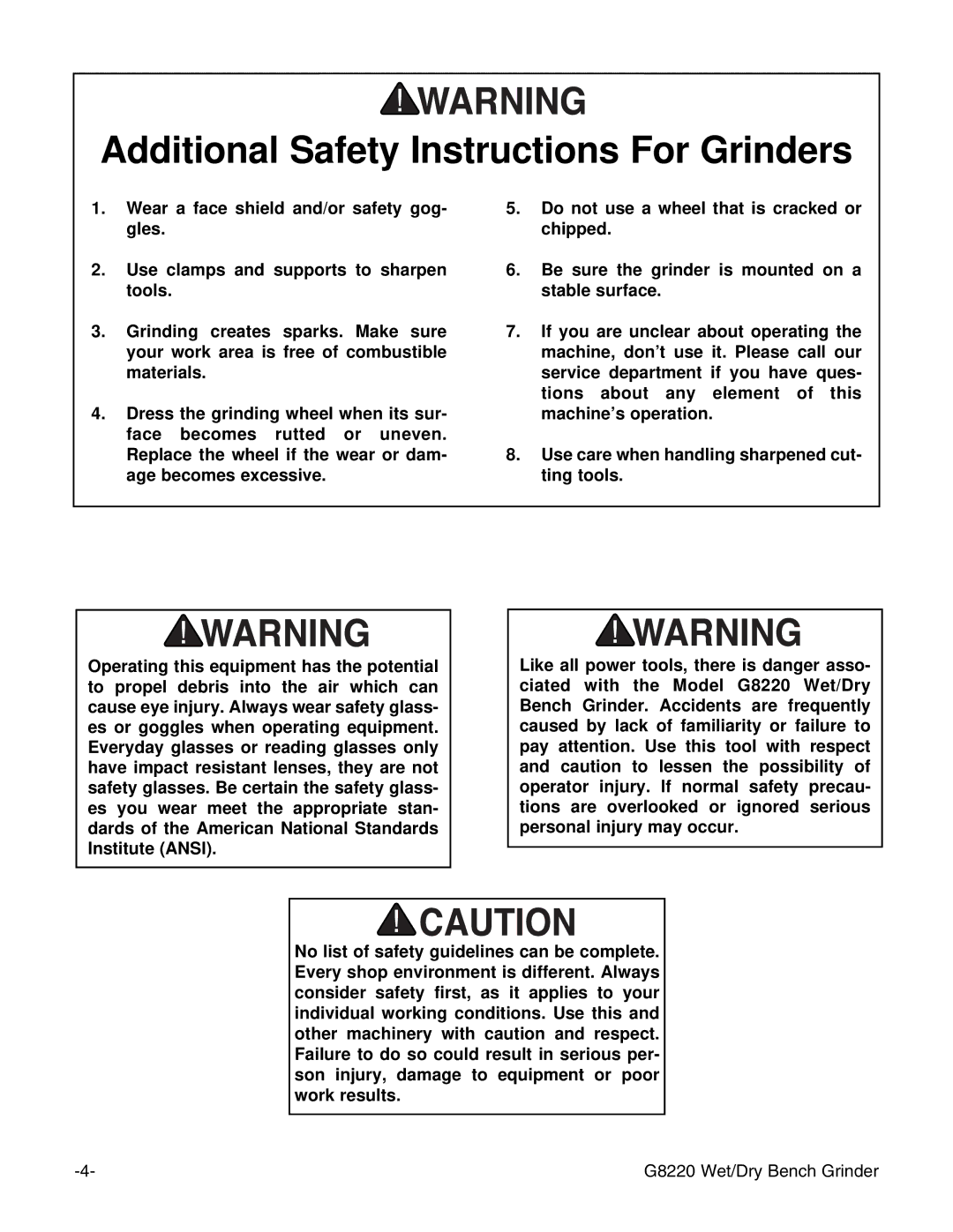 Grizzly G8220 instruction manual Additional Safety Instructions For Grinders 