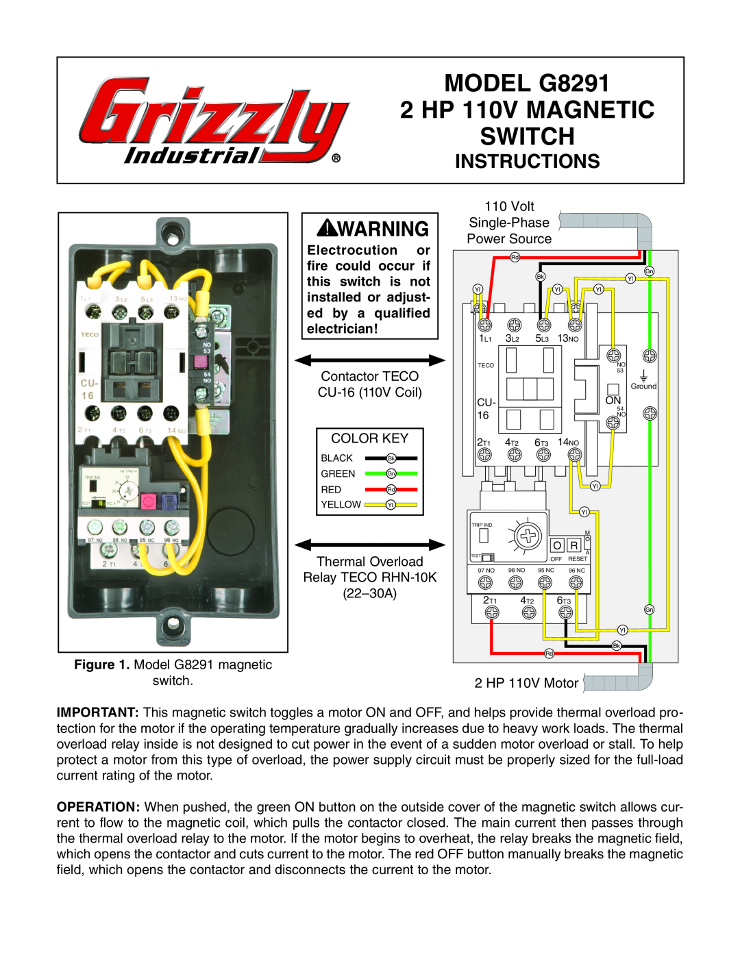 Grizzly manual MODEL G8291 2 HP 110V MAGNETIC SWITCH, Instructions 