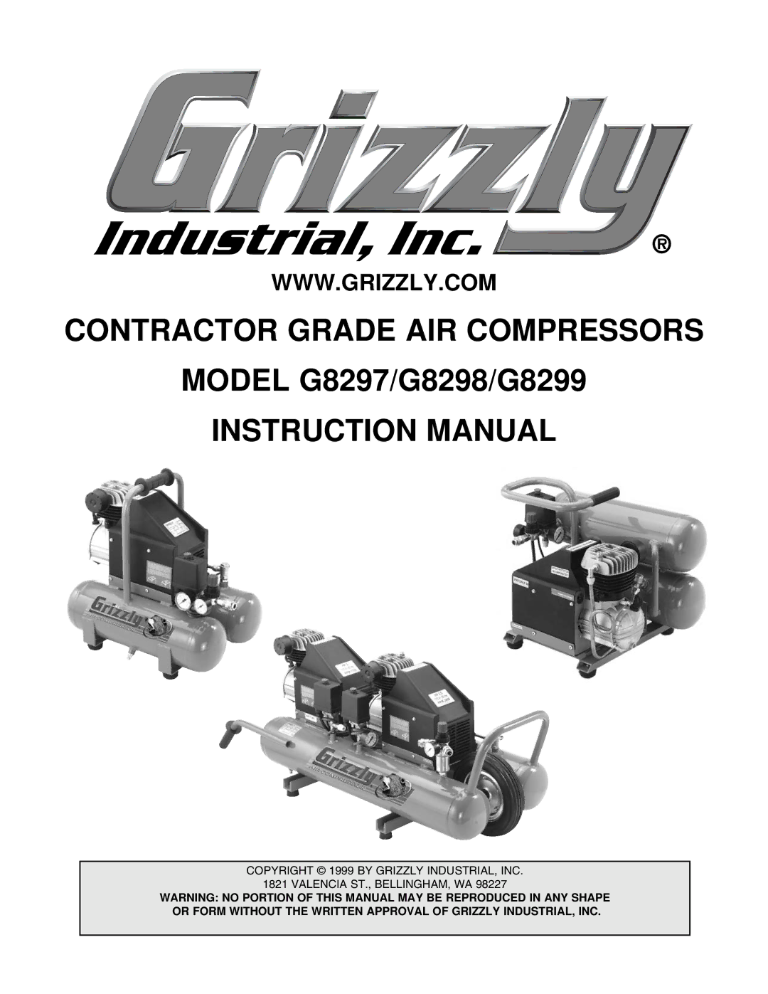 Grizzly instruction manual Contractor Grade AIR Compressors, Model G8297/G8298/G8299 